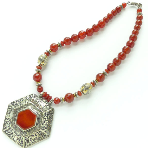 Carnelian Afghan Pendant, Large and Elaborately Engraved, 19 inches long