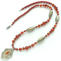 Carnelian Long Necklace with Vintage Turkoman Pendant and Beads, 30 inches long