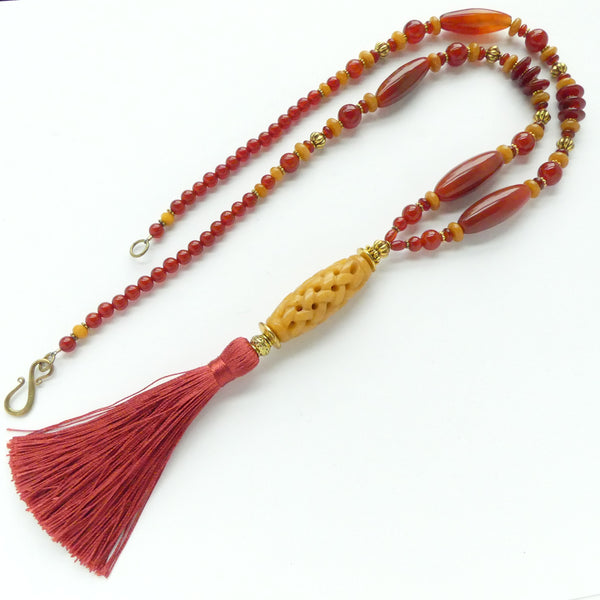 Carnelian &Tassel Long Necklace with Carved Yellow Jasper Focal, 36 inches long