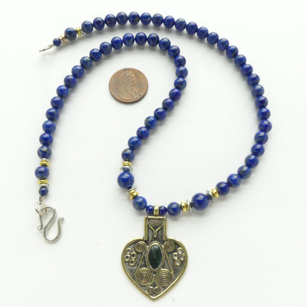 Turkoman Heart Shape Pendant, Small with Lapis Cabochon & Lapis Beads, 17.5 inches long