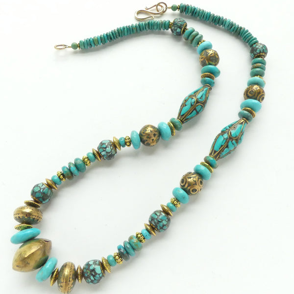 Turquoise Chip Inlay Beads from Tibet and Nepal with Turquoise Slices and Brass, 22 inches