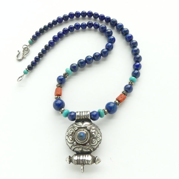 Lapis with Tibetan Vintage Amulet Case, Turquoise and Silver, 19 inches long