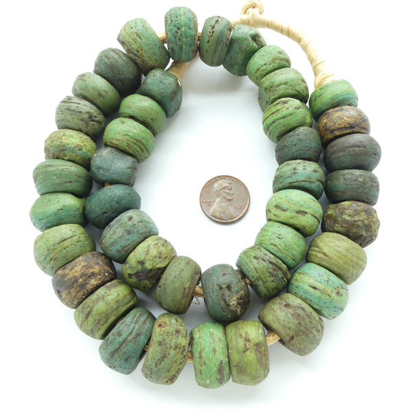 Hebron Beads (aka Kano), Mostly Green, 22-inch Strand of 42 Beads