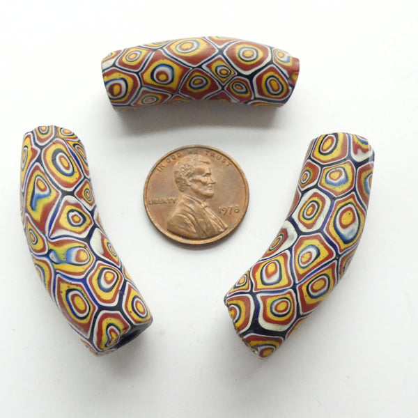 Millefiori Antique Venetian Trade Beads, Set of 3 Curved Beads