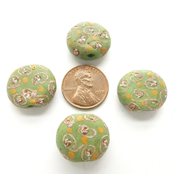 Tabular Antique Venetian Lampwork, Green with Complex Latticino Eye Designs, Sold Individually