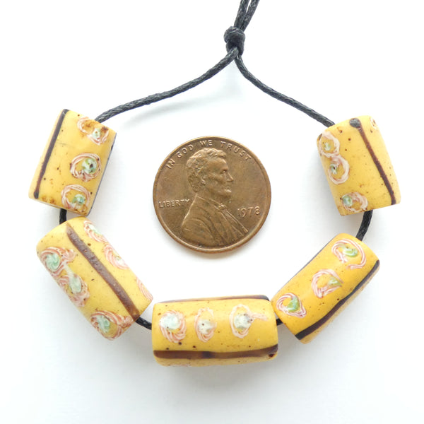 Yellow Antique Venetian Lampwork Trade Beads, Set of 5