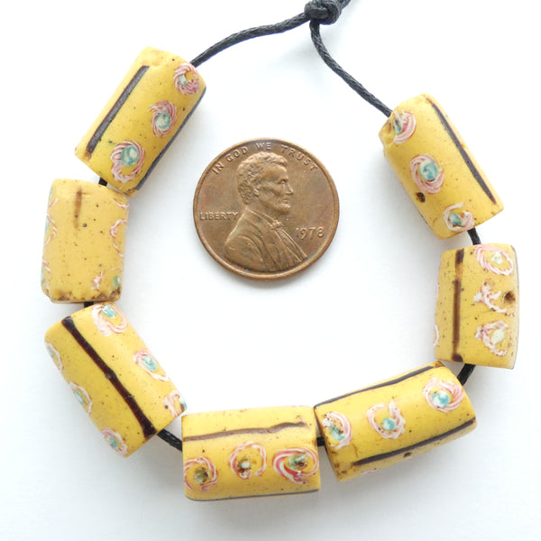 Yellow Antique Venetian Lampwork Trade Beads, Set of 7