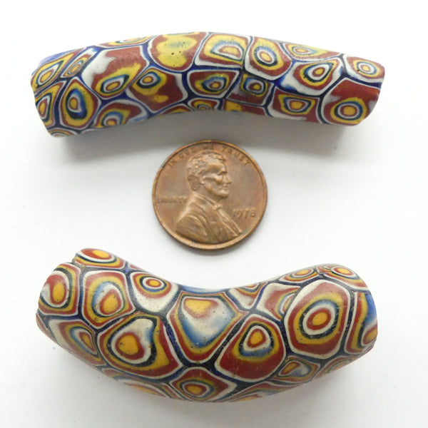 Millefiori Antique Venetian Trade Beads, Set of 2 Large Curved Beads