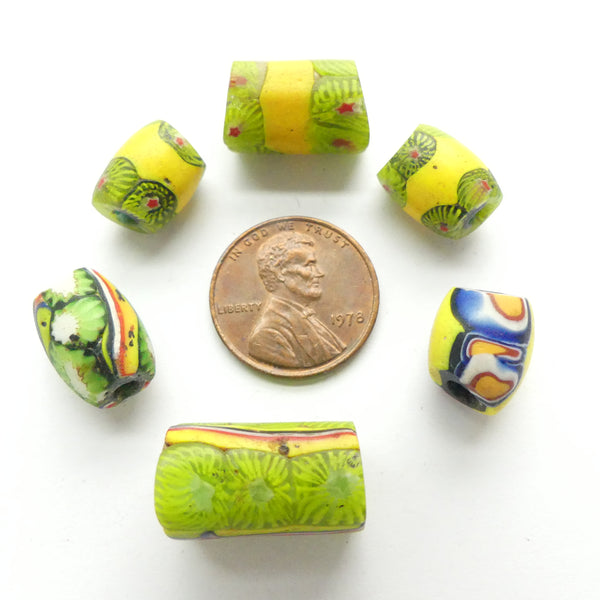 Millefiori, Set of 6 Collector Beads, Greens & Yellow, Assorted Sizes