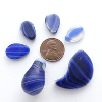 Molded Beads, Antique "Agate" Glass, Set of 6 Assorted Shapes in Blue