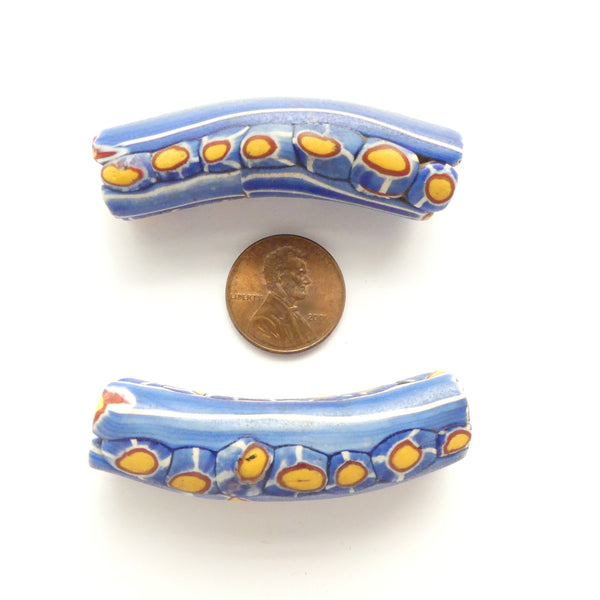 Millefiori Antique Venetian Trade Beads, Large Blue Elbows Pair