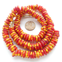 Krobo Disc, Red with Embedded Yellow/Red Striped Seed Beads, 4x10mm,  20" Strands