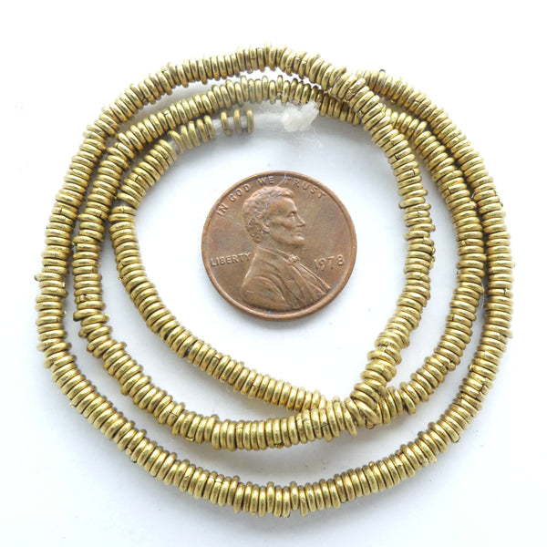 Brass, Heishi from Kenya, Small Size 3mm, Freshly Polished, 12-inch Strands