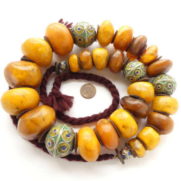 African Amber, Berber Strands with Enameled Beads, 26-inches Long with 31 Beads