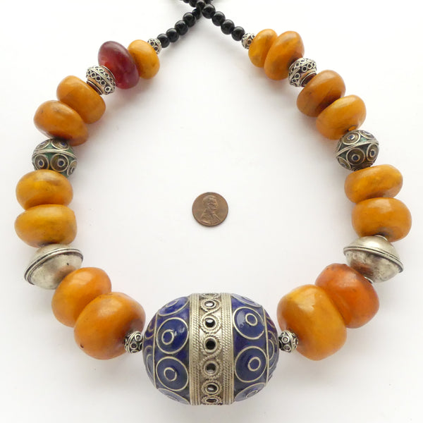 African Amber, Berber Necklace, Amber and Huge Oval Blue Enameled Eye Bead