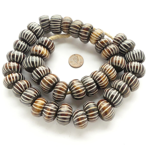 Batik Bone, Kenya Large Oblate Dark Brown Beads with White Incised Stripes