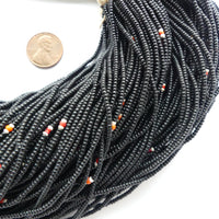 Huge Hank of 85 Long Strands of Black Seed Beads with Red & White Accents