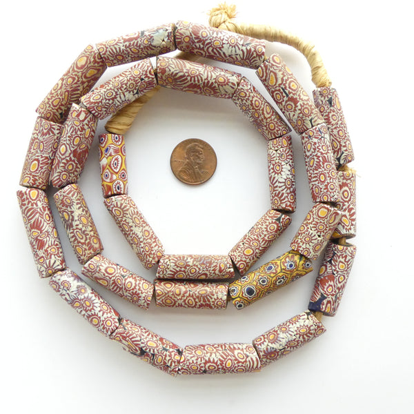 Millefiori, Antique Venetian Trade Beads,  Matched Brick, White and Yellow Strand