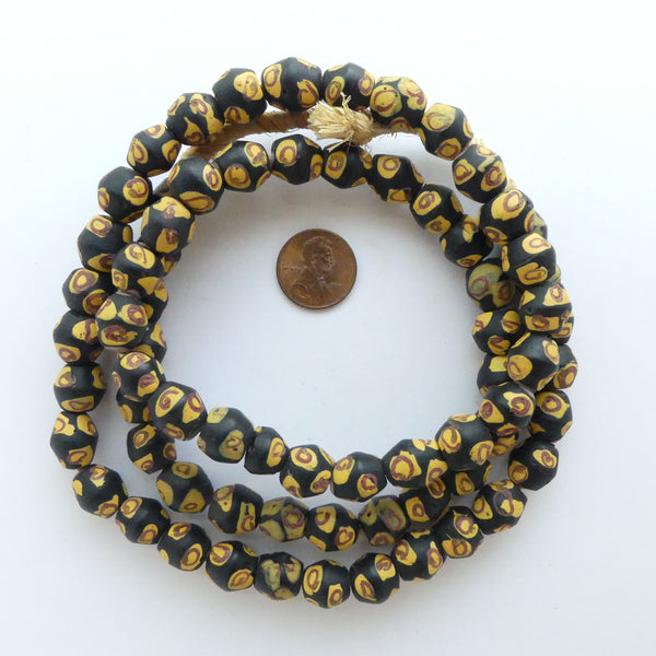 Baby King Beads, Antique Venetian Lampwork, Black & Yellow 10mm