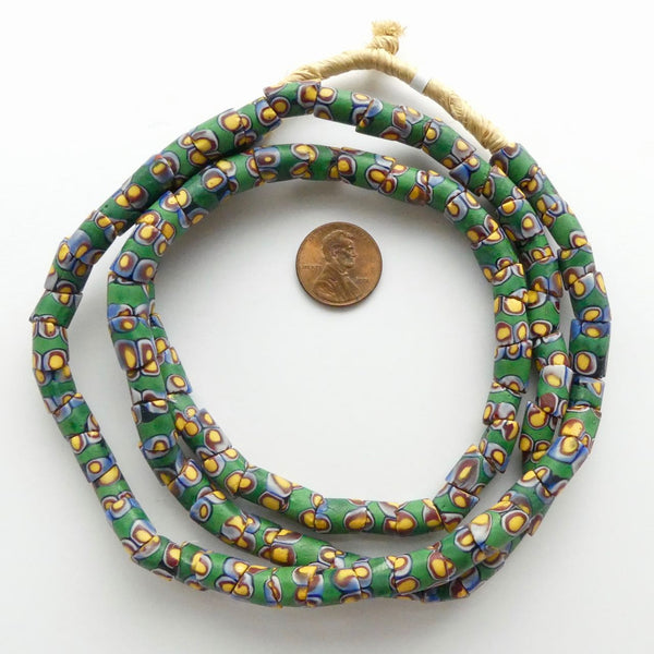 Millefiori Antique Venetian Trade Beads, Long Strand of Matched Green 10x7mm