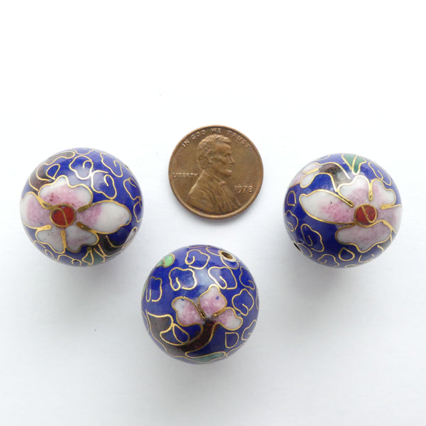 Cloisonne, Vintage Round, Dark Blue with Pink Flowers, 20mm. Sold Individually