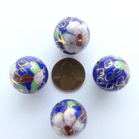 Cloisonne, Vintage Round, Dark Blue with Pink Flowers, 18mm. Sold Individually