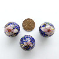 Cloisonne, Vintage Round, Dark Blue with Pink Flowers, 16mm. Sold Individually