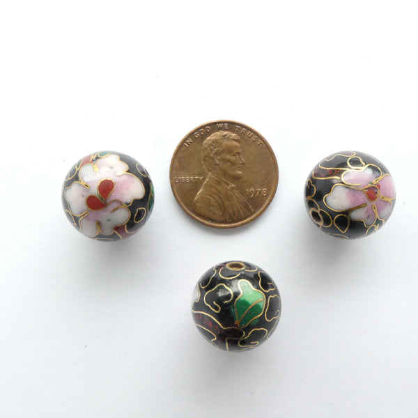 Cloisonne, Vintage Round, Black with Pink Flowers, 14mm. Sold Individually