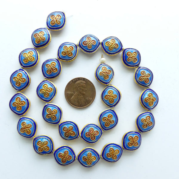 Enameled Flat Ovals with Knot Design, Blue and Orange, Set of 4