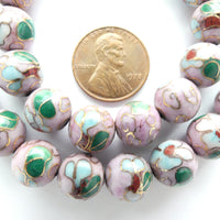 Cloisonne, Vintage Round, Pink with Blue and Green Flowers, 10mm. Sold Individually