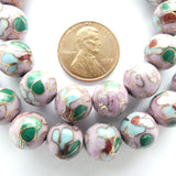 Cloisonne, Vintage Round, Pink with Blue and Green Flowers, 10mm. Sold Individually