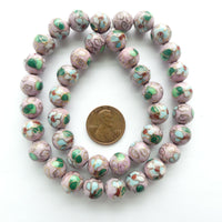 Cloisonne, Vintage Round, Pink with Blue and Green Flowers, 10mm. Sold Individually