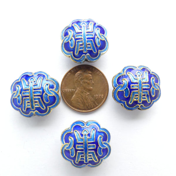 Enameled, Pillow Shape with Auspicious Characters, Blue 17mm. Sold Individually