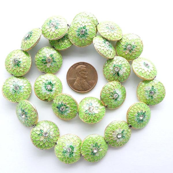 Enameled, Lentil Shape, Green Lotus with Crystals Design, 16mm. Sold Individually