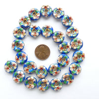 Enamel, Donut Shape, Blue wiht Pink Flowers, 16mm. Sold Individually