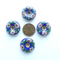 Cloisonne, Vintage Donut (Bi), Dark Blue with Pink Flowers, 20mm. Sold Individually