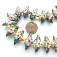 Cloisonne, Strand of Fan Shape Beads, Floral Design on Purple with Gold Tops