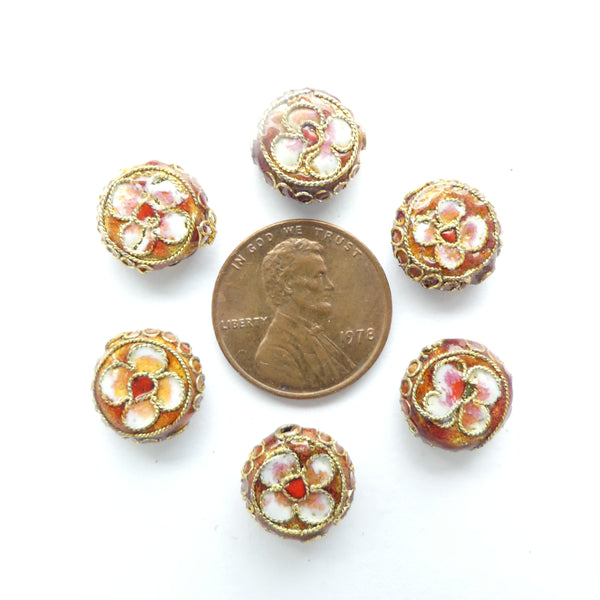 Cloisonne, Coin Shape with Floral Design, 13mm, Set of 6