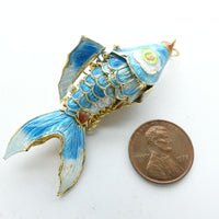 Fish Pendant, Large Vintage Articulated Tuquoise Enamel, 50mm long