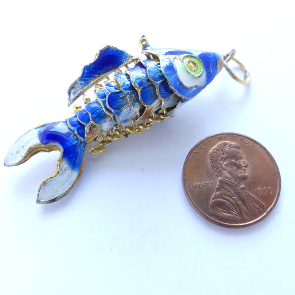 Fish Pendant, Medium, Vintage, Articulated Cloisonne, Blue, 45mm