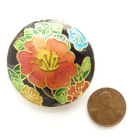 Cloisonne Flower Bead/Pendant, Lentil Shape, 40mm Diameter