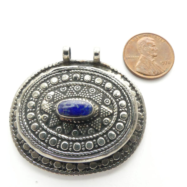 Afghan, Contemporary Metal Pendant, Oval with Lapis Stone, 2x1.75 inches