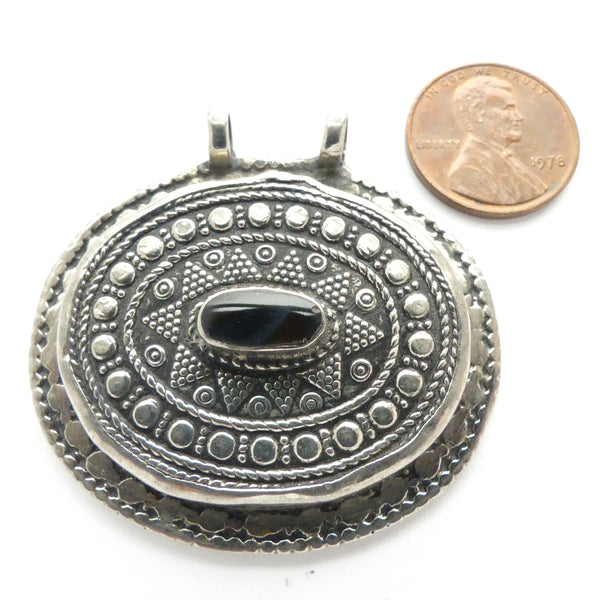 Afghan, Contemporary Metal Pendant, Oval with Black Onyx Stone, 2x1.75 inches