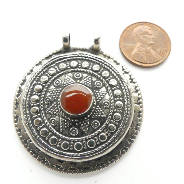 Afghan, Contemporary Metal Pendant, Round with Carnelian Stone, 2" Diameter