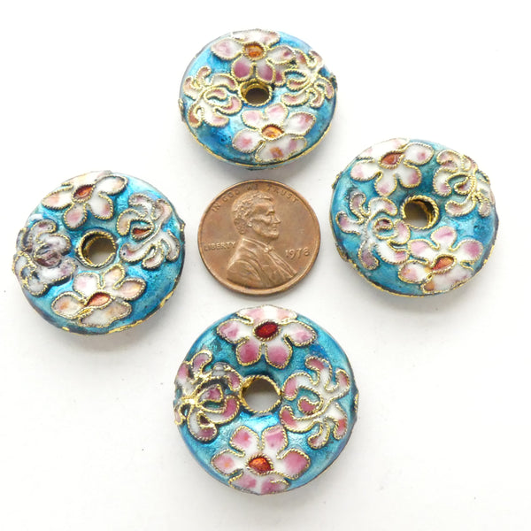 Enamel, Donuts 25mm Diameter, Pink Flowers on Bright Turquoise Base, Sold Individually