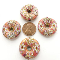 Enamel, Donuts 25mm Diameter, Pink Flowers on Deep Peach Base, Sold Individually