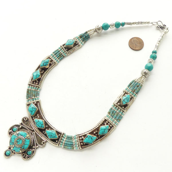 Tibetan Contemporary Collar, Silver, White Metal and Turquoise