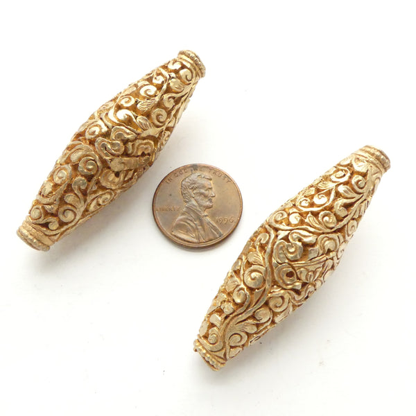 Nepalese, Engraved Gold Plated Beads, Long Ovals, 2 inches long, Sold Individually