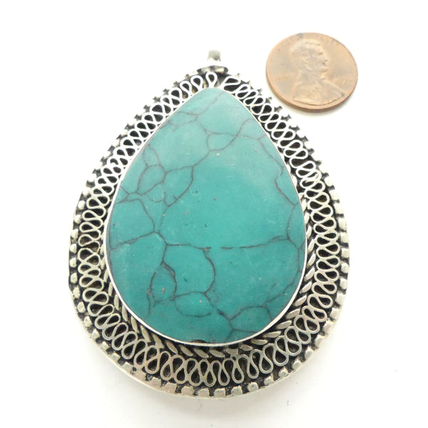 Afghan, Contemporary Metal Pendants, Drop Shape with Turquoise Stone, 2.5 inches tall