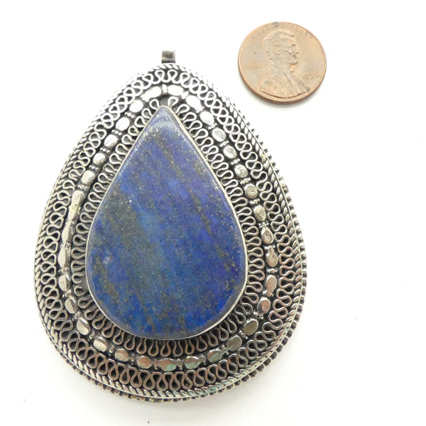 Lapis Lazuli, Pendant, Afghan, Contemporary Drop Shape with Lapis Stones, 3 inches tall